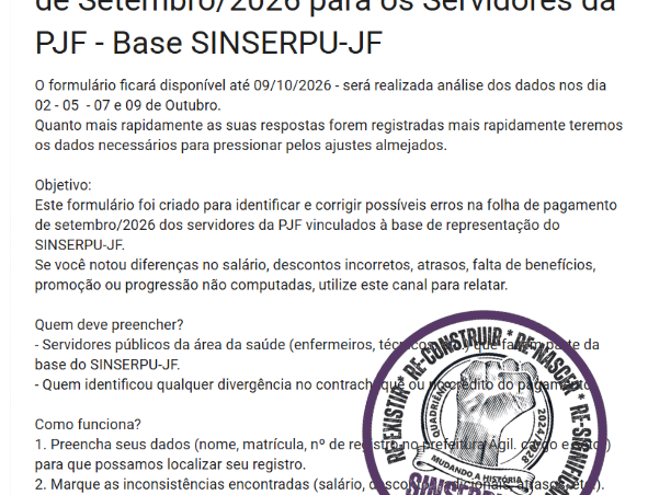 Formulário de Verificação de Inconsistências na  Folha de Pagamento de Setembro/2026 para os Servidores da PJF .